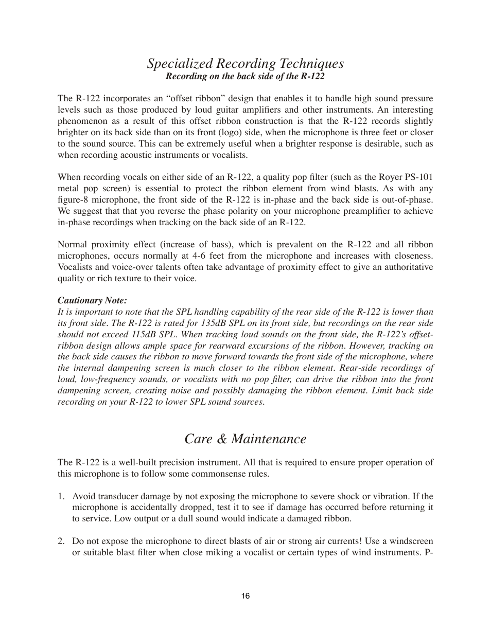 Specialized recording techniques, Recording on the back side of the r-122, Care & maintenance | Royer Labs R-122 User Manual | Page 16 / 20