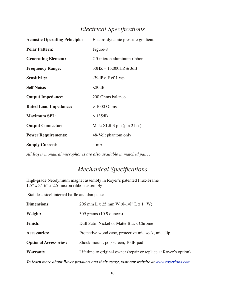 Electrical specifications, Mechanical specifications | Royer Labs R-122 User Manual | Page 18 / 20