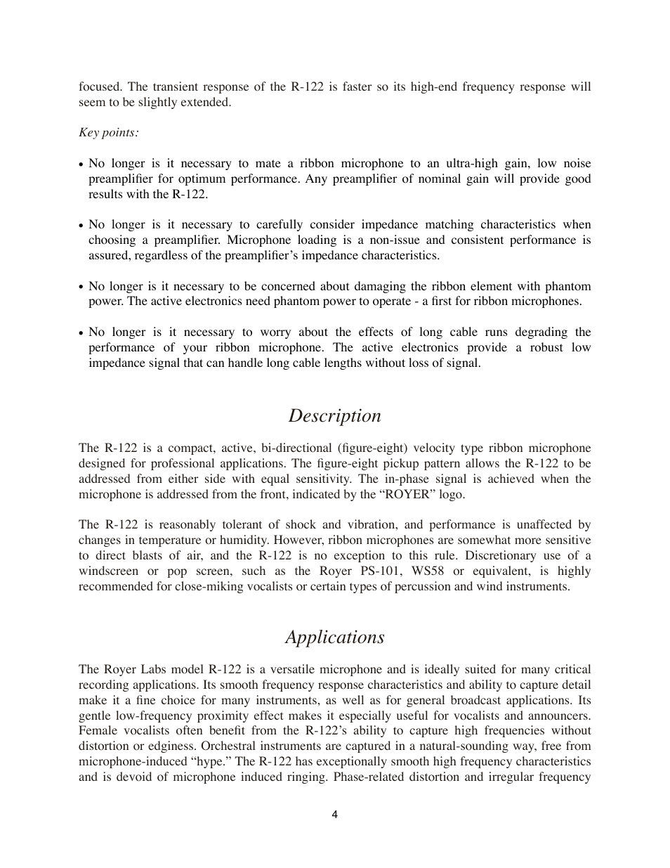 Description, Applications | Royer Labs R-122 User Manual | Page 4 / 20