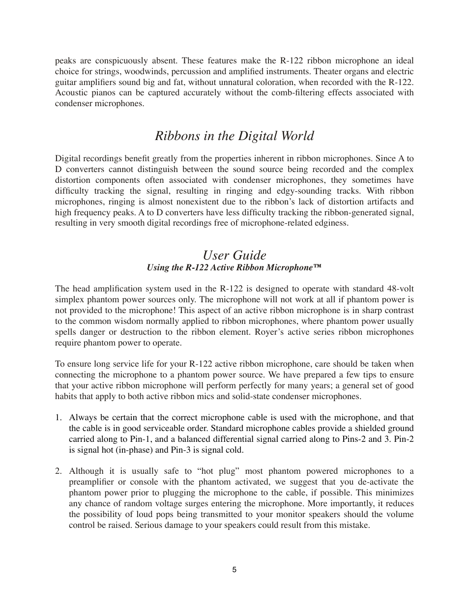 Ribbons in the digital world, User guide | Royer Labs R-122 User Manual | Page 5 / 20