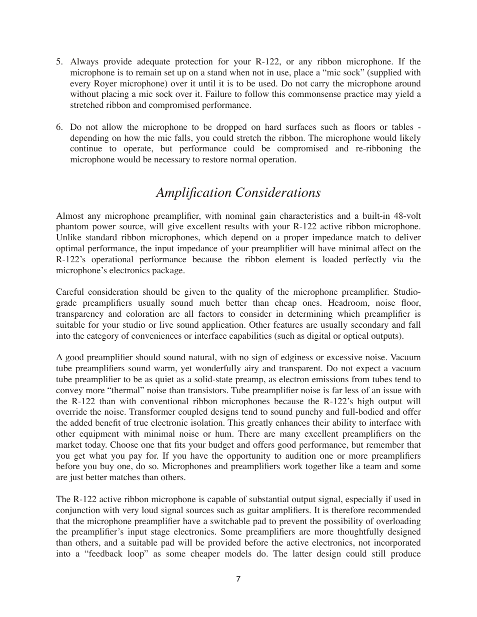 Amplification considerations | Royer Labs R-122 User Manual | Page 7 / 20