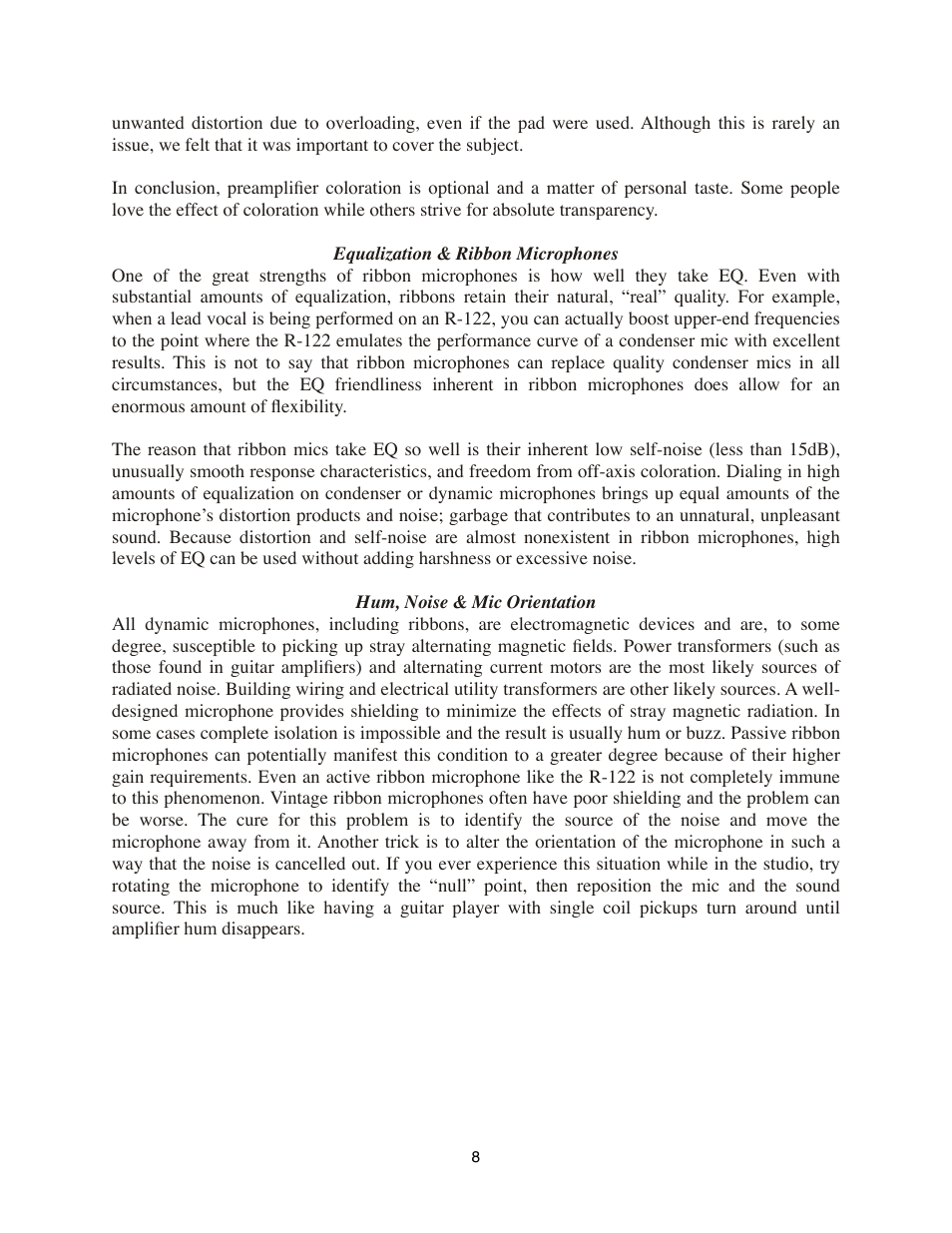Equalization & ribbon microphones, Hum, noise & mic orientation | Royer Labs R-122 User Manual | Page 8 / 20
