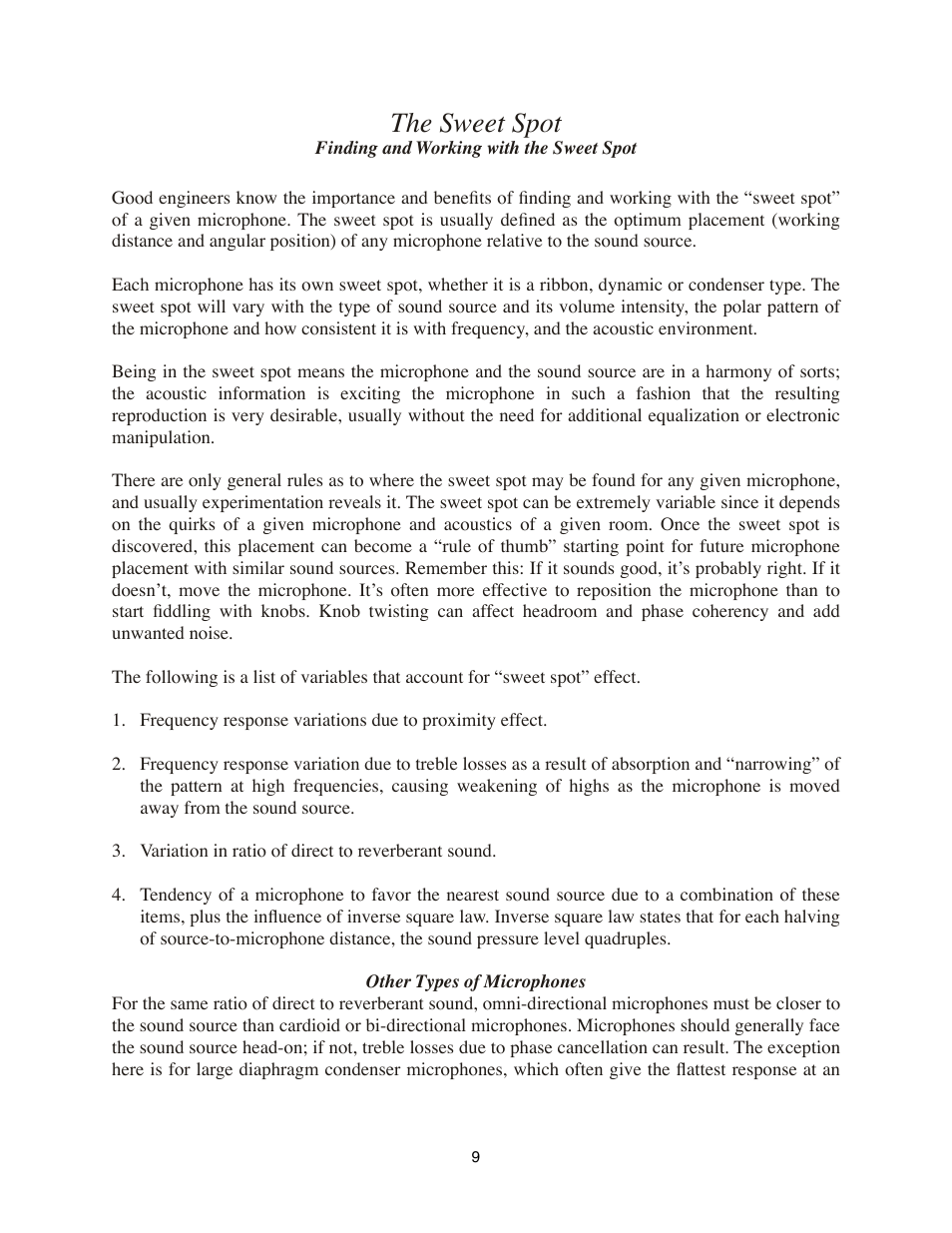 The sweet spot, Finding and working with the sweet spot, Other types of microphones | Royer Labs R-122 User Manual | Page 9 / 20