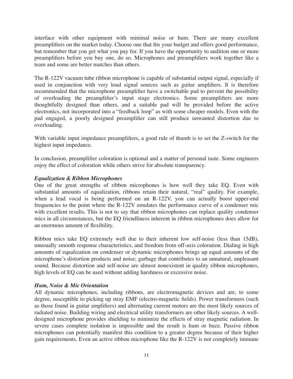Equalization & ribbon microphones, Hum, noise & mic orientation | Royer Labs R-122V User Manual | Page 11 / 25