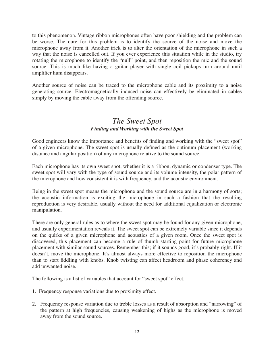 The sweet spot, Finding and working with the sweet spot | Royer Labs R-122V User Manual | Page 12 / 25