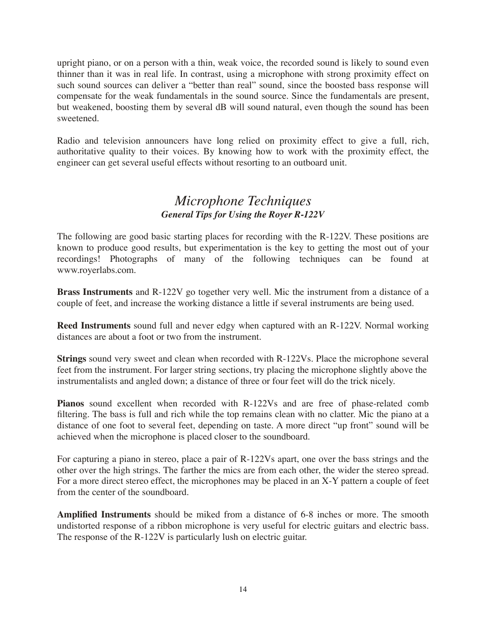 Microphone techniques, General tips for using the royer r-122v | Royer Labs R-122V User Manual | Page 14 / 25