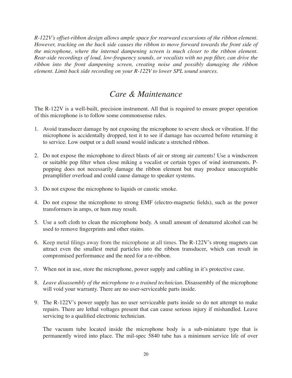 Care & maintenance | Royer Labs R-122V User Manual | Page 20 / 25