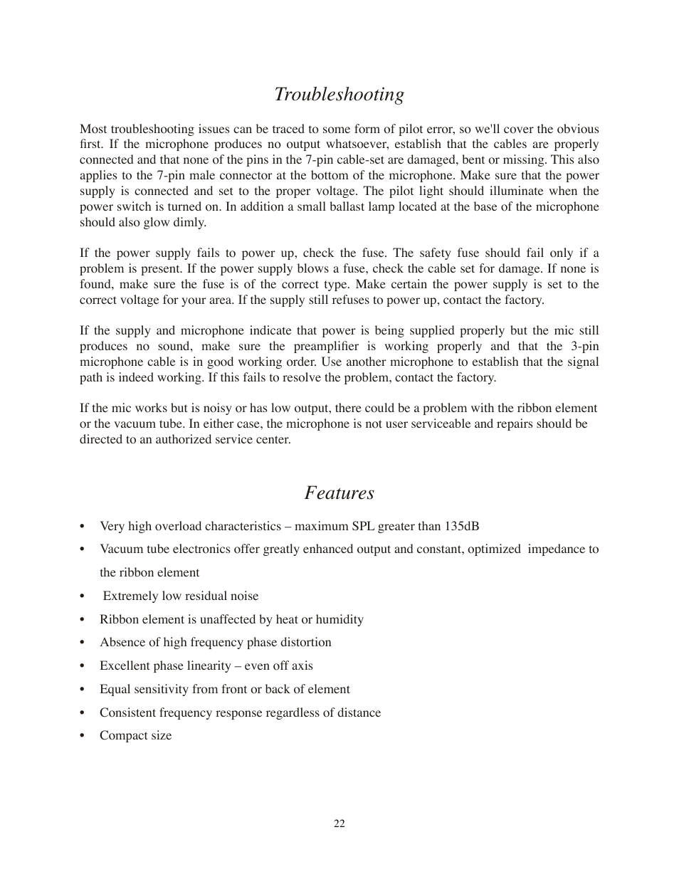 Troubleshooting, Features | Royer Labs R-122V User Manual | Page 22 / 25