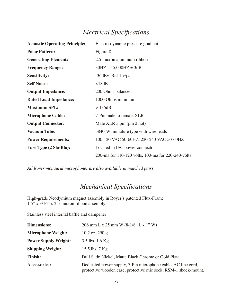 Electrical specifications, Mechanical specifications | Royer Labs R-122V User Manual | Page 23 / 25