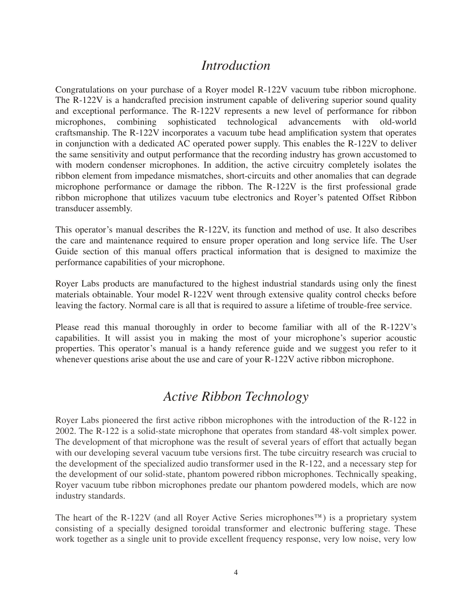 Introduction, Active ribbon technology | Royer Labs R-122V User Manual | Page 4 / 25