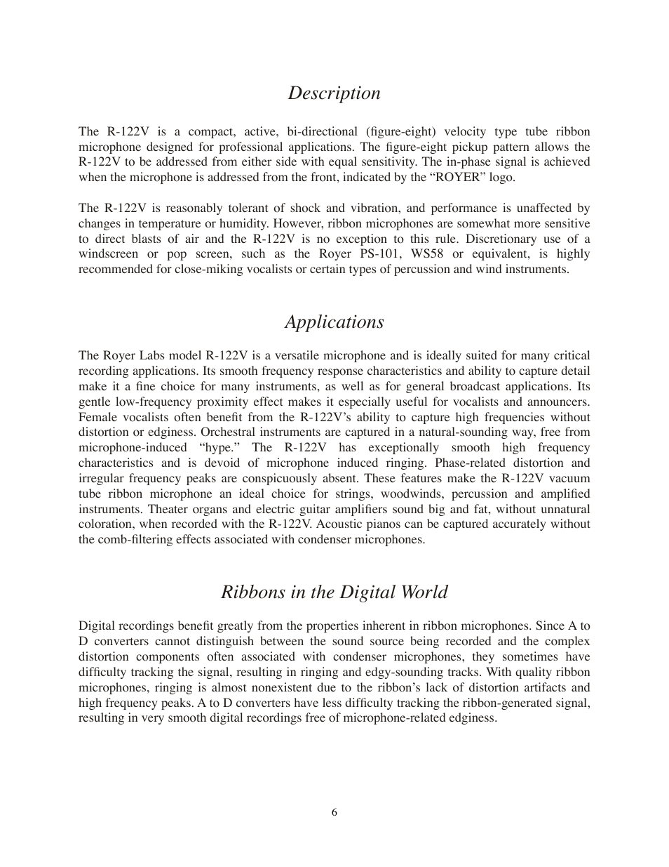 Description, Applications, Ribbons in the digital world | Royer Labs R-122V User Manual | Page 6 / 25