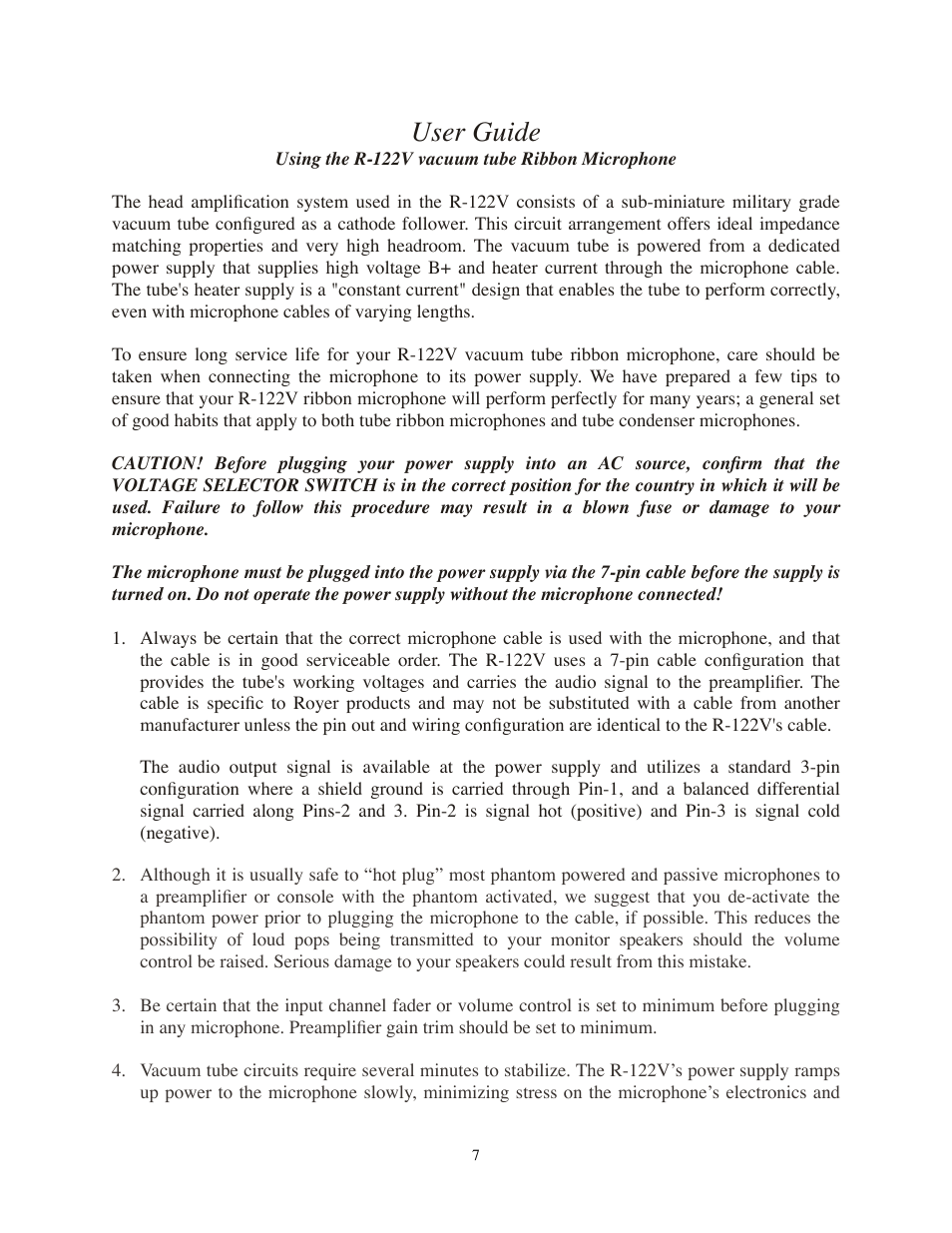 User guide, Using the r-122v vacuum tube ribbon microphone | Royer Labs R-122V User Manual | Page 7 / 25