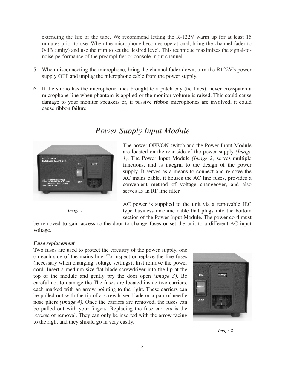 Power supply input module, Fuse replacement | Royer Labs R-122V User Manual | Page 8 / 25