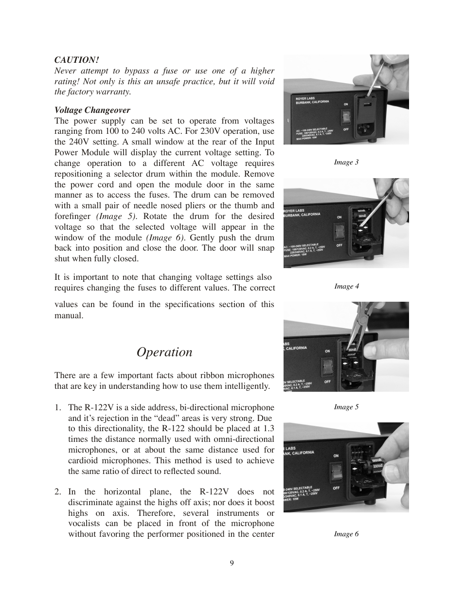 Voltage changeover, Operation | Royer Labs R-122V User Manual | Page 9 / 25