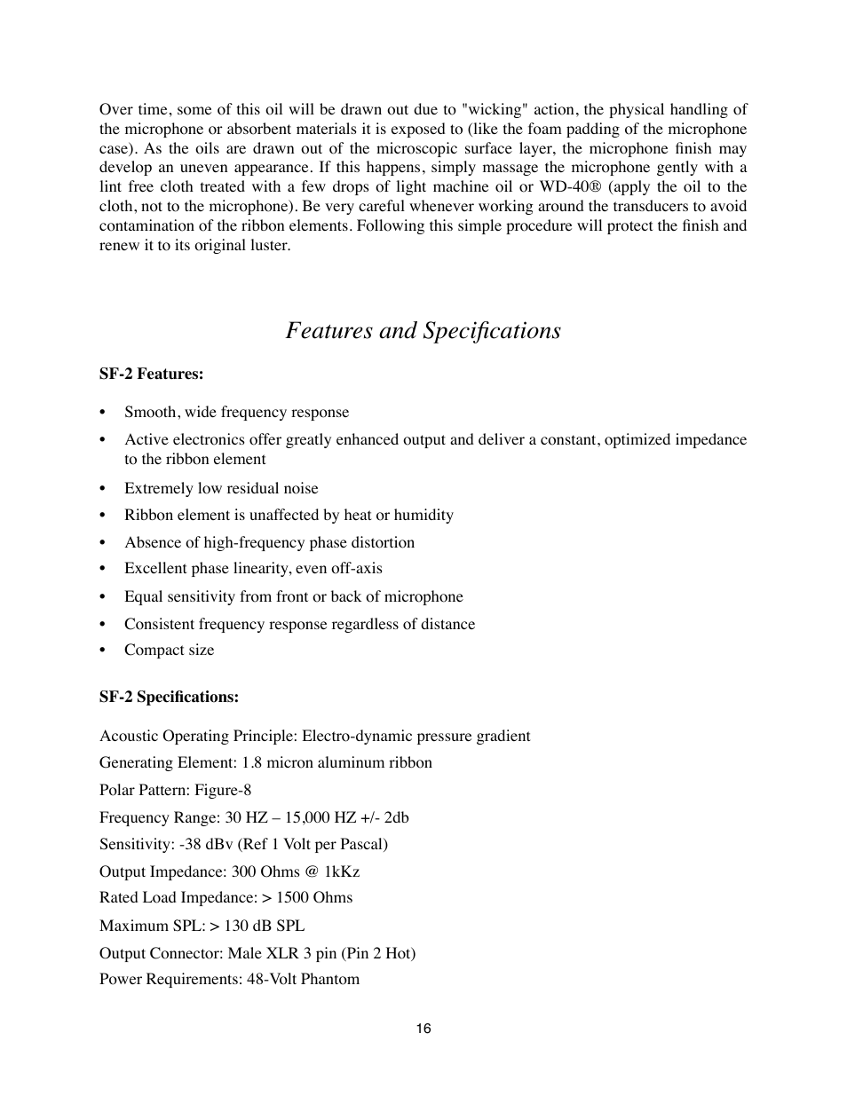 Features and specifications, Sf-2 features, Sf-2 specifications | Royer Labs SF-2 User Manual | Page 16 / 19