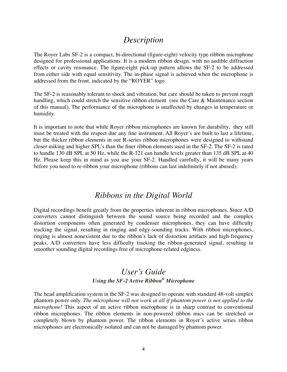 Description, Ribbons in the digital world, User’s guide | Using the sf-2 active ribbon® microphone | Royer Labs SF-2 User Manual | Page 4 / 19