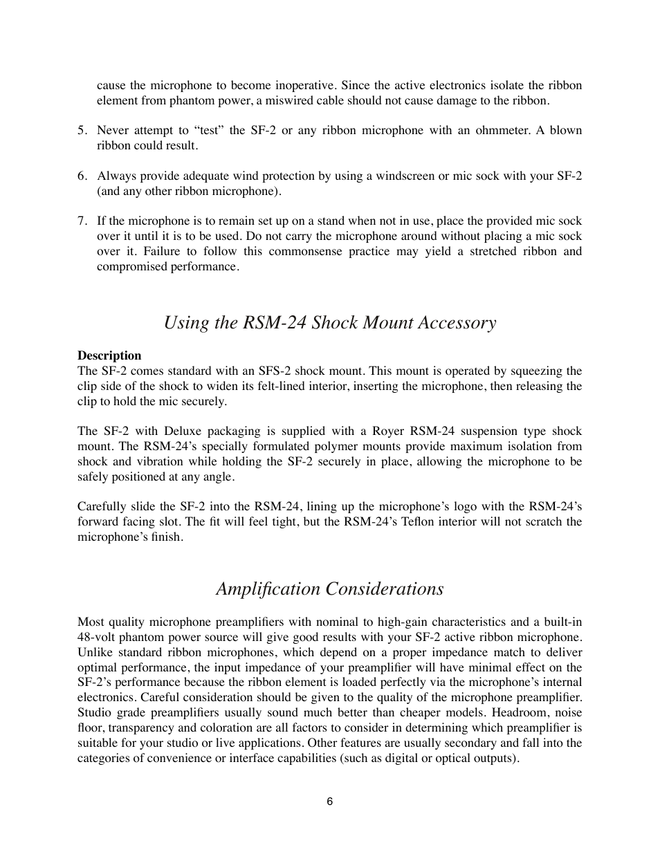 Using the rsm-24 shock mount accessory, Description, Amplification considerations | Royer Labs SF-2 User Manual | Page 6 / 19