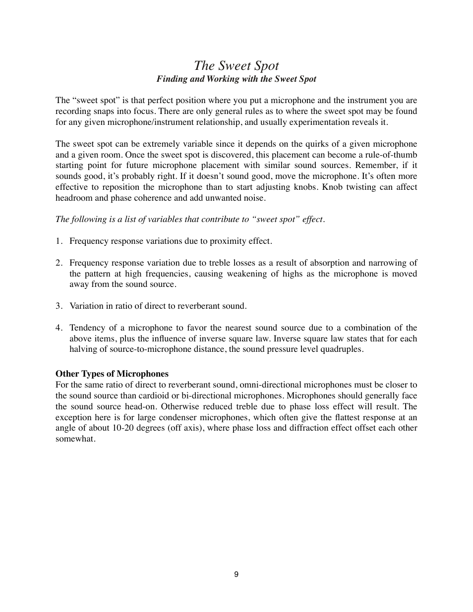 The sweet spot, Finding and working with the sweet spot, Other types of microphones | Royer Labs SF-2 User Manual | Page 9 / 19