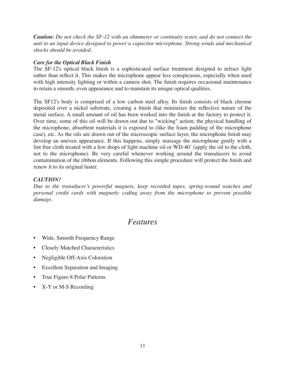 Care for the optical black finish, Features | Royer Labs SF-12 User Manual | Page 13 / 16