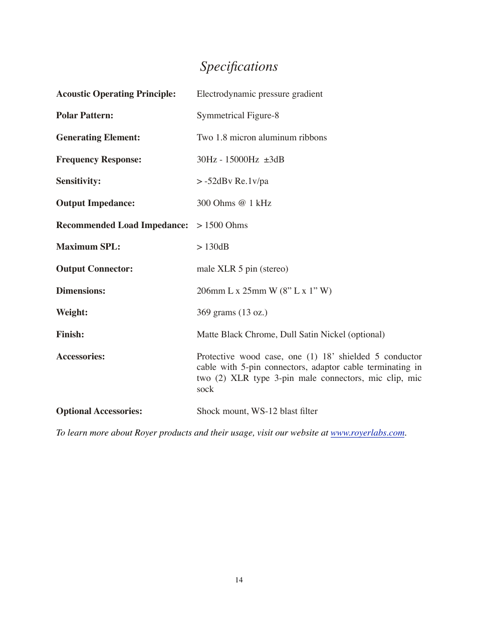 Specifications | Royer Labs SF-12 User Manual | Page 14 / 16
