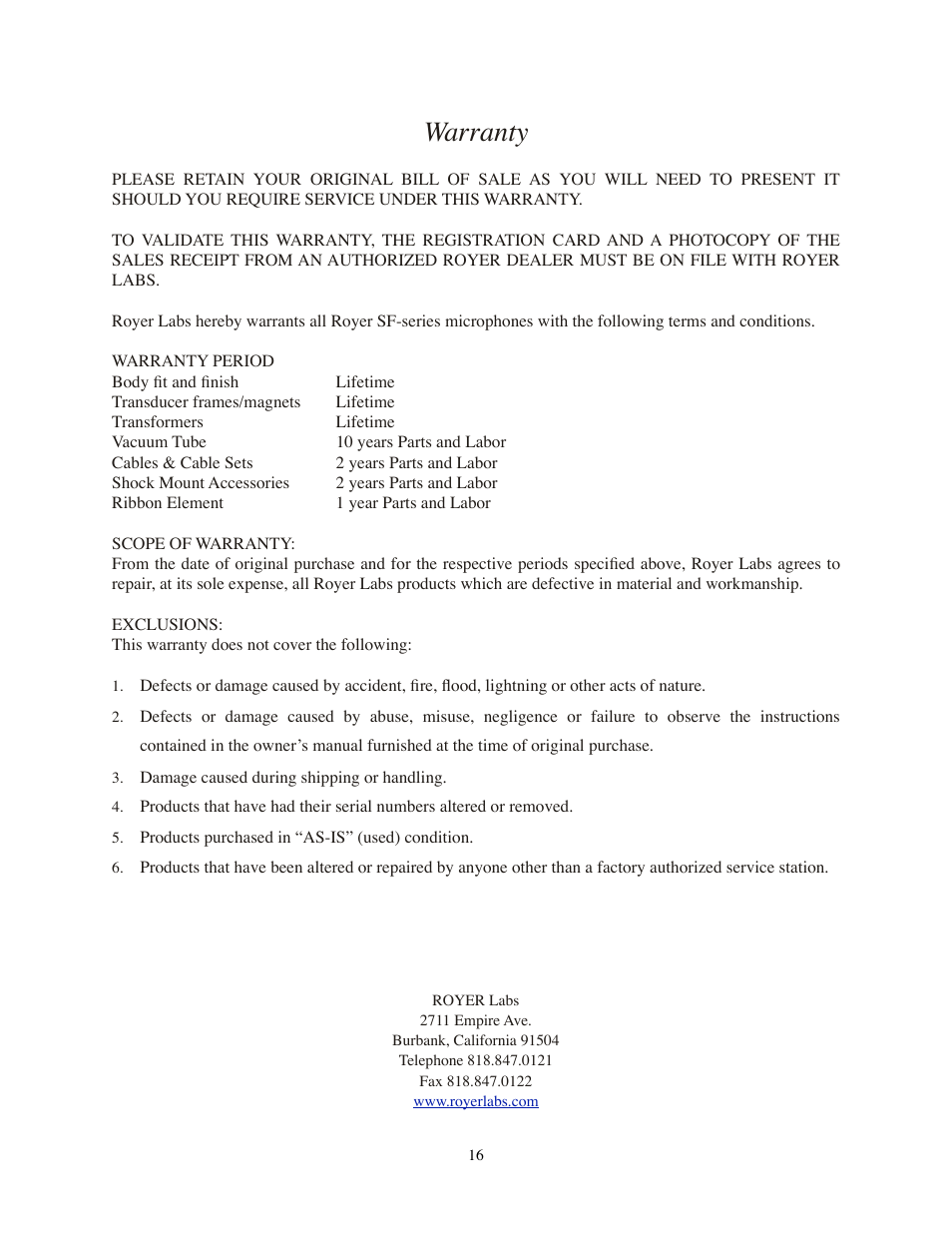 Warranty | Royer Labs SF-12 User Manual | Page 16 / 16