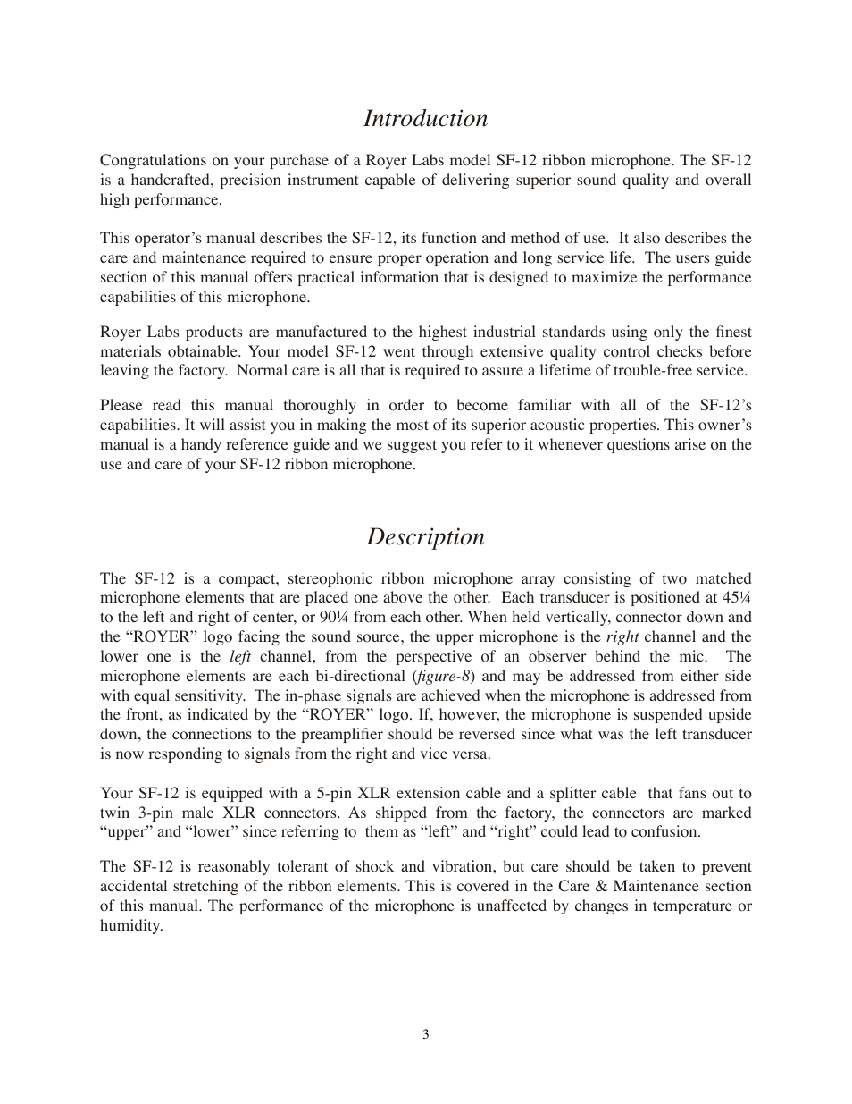 Introduction, Description | Royer Labs SF-12 User Manual | Page 3 / 16
