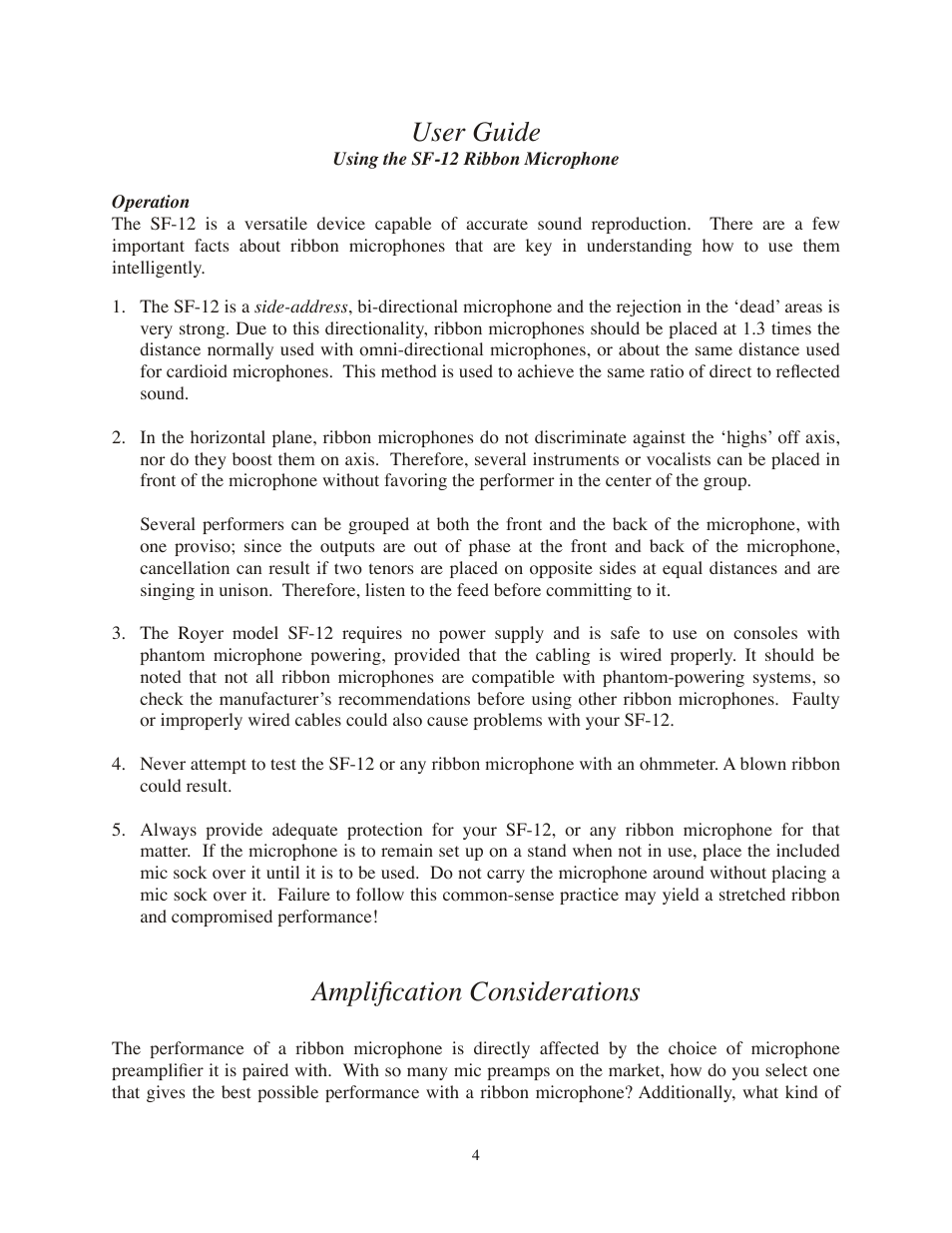 User guide, Using the sf-12 ribbon microphone, Operation | Amplification considerations | Royer Labs SF-12 User Manual | Page 4 / 16