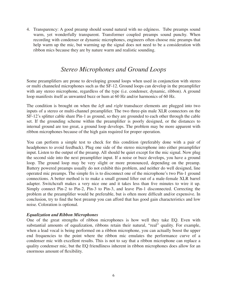 Stereo microphones and ground loops, Equalization and ribbon microphones | Royer Labs SF-12 User Manual | Page 6 / 16