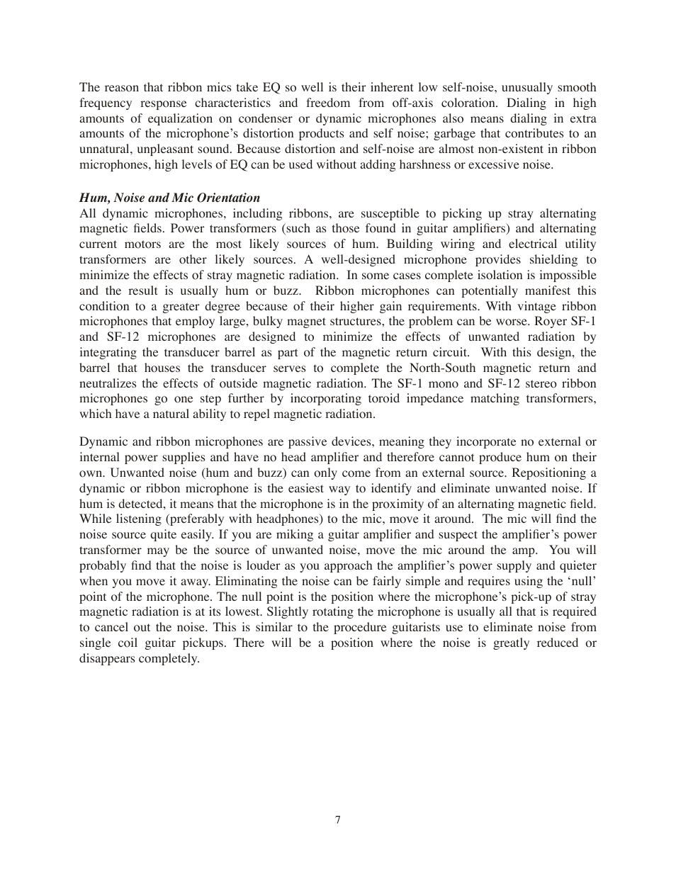 Hum, noise and mic orientation | Royer Labs SF-12 User Manual | Page 7 / 16