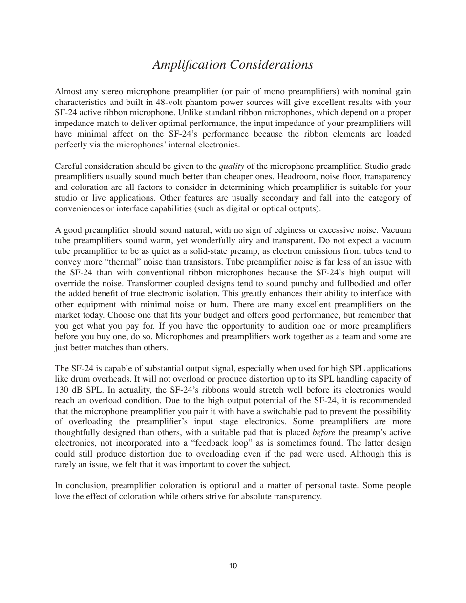 Amplification considerations | Royer Labs SF-24 User Manual | Page 10 / 21