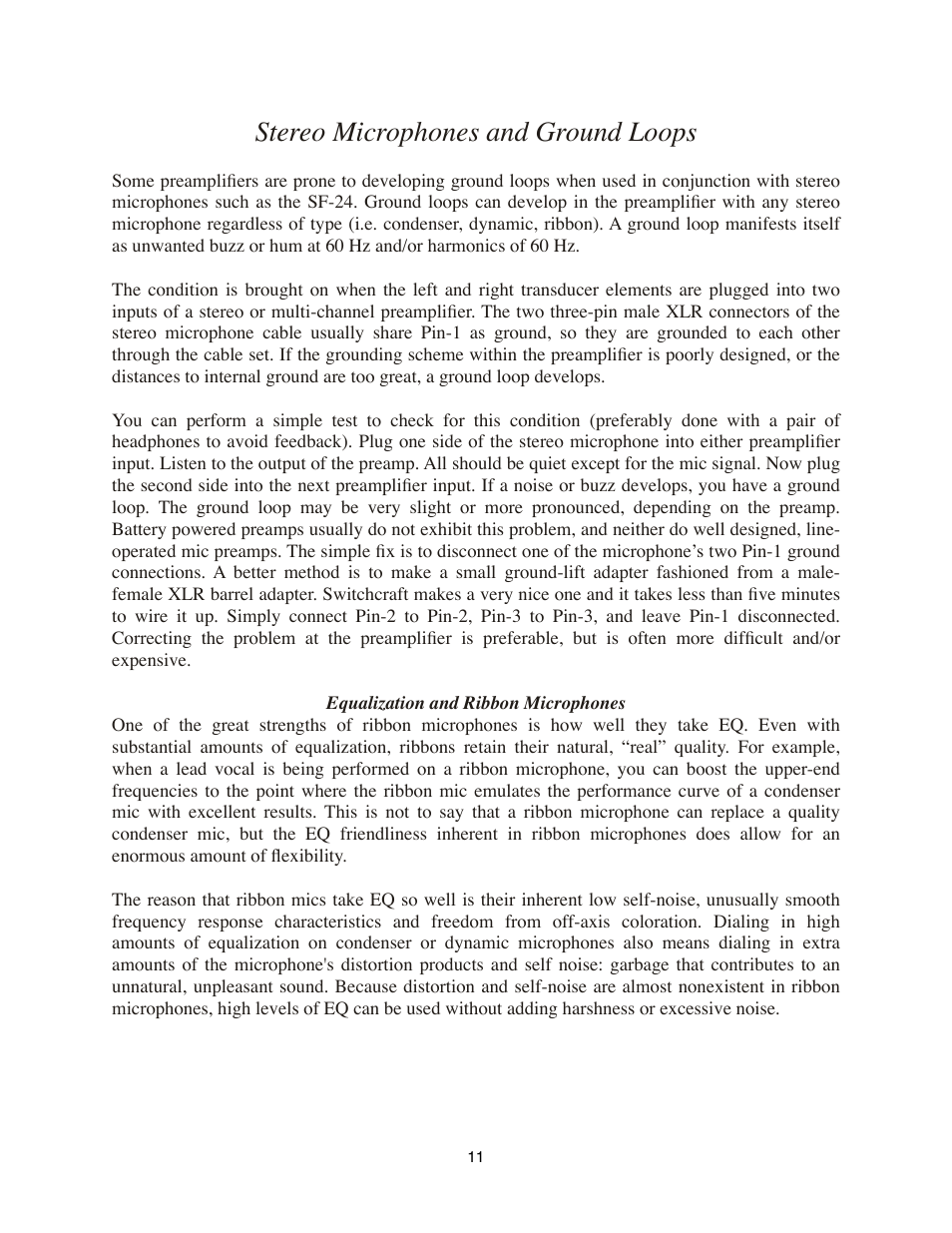 Stereo microphones and ground loops, Equalization and ribbon microphones | Royer Labs SF-24 User Manual | Page 11 / 21