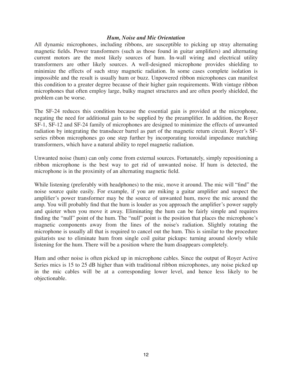 Hum, noise and mic orientation | Royer Labs SF-24 User Manual | Page 12 / 21