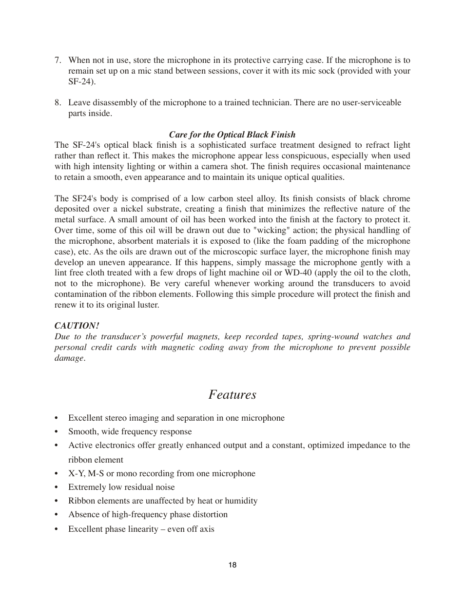 Care for the optical black finish, Features | Royer Labs SF-24 User Manual | Page 18 / 21