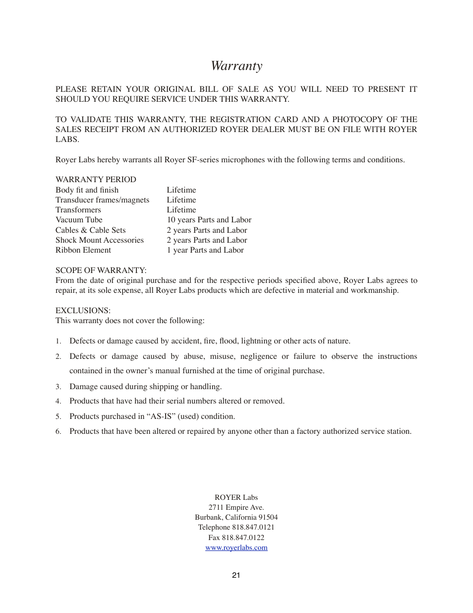 Warranty | Royer Labs SF-24 User Manual | Page 21 / 21