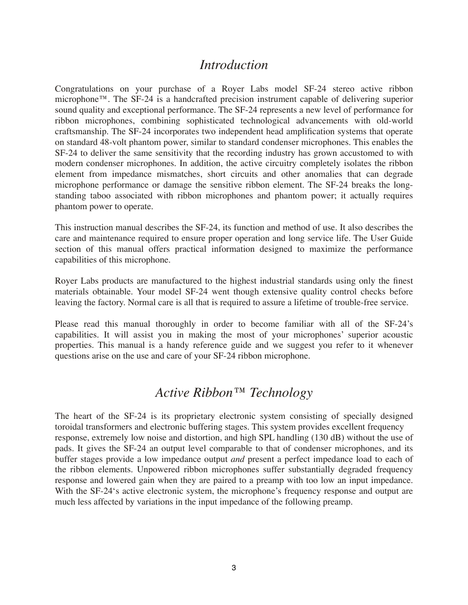 Introduction, Active ribbon™ technology | Royer Labs SF-24 User Manual | Page 3 / 21