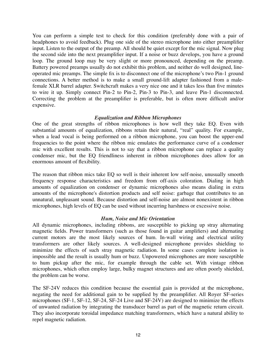 Equalization and ribbon microphones, Hum, noise and mic orientation | Royer Labs SF-24V User Manual | Page 12 / 23