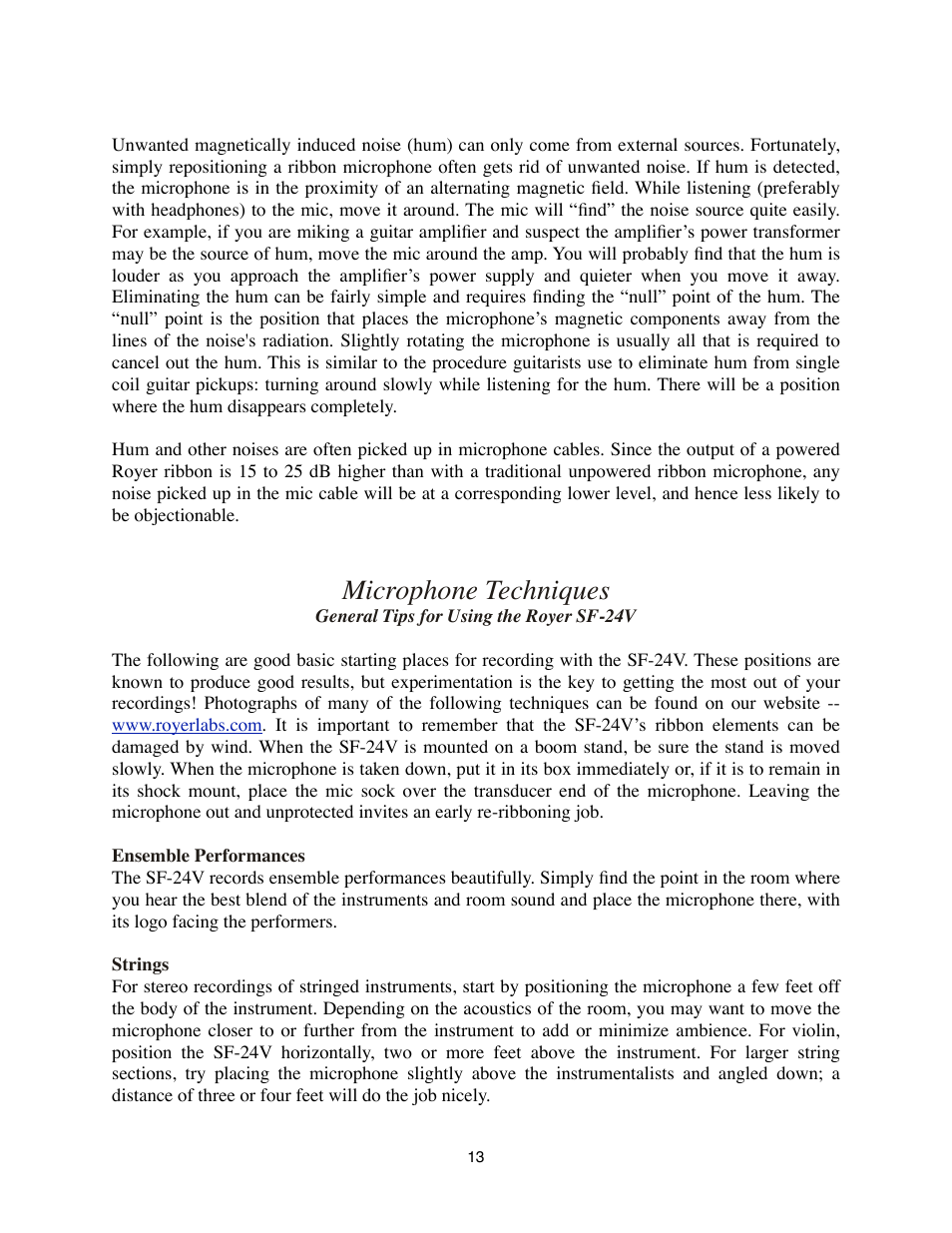 Microphone techniques, General tips for using the royer sf-24v | Royer Labs SF-24V User Manual | Page 13 / 23