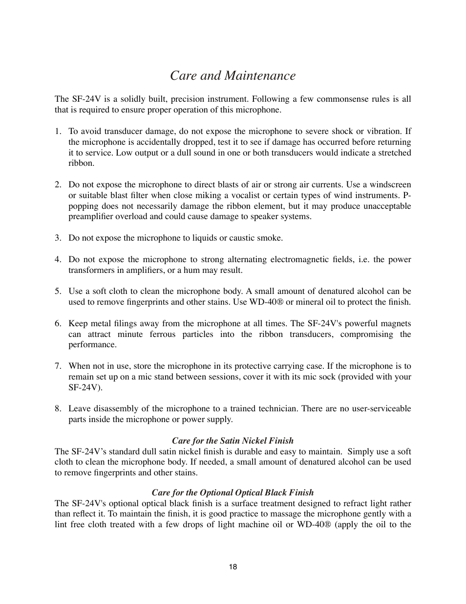 Care and maintenance, Care for the satin nickel finish, Care for the optional optical black finish | Royer Labs SF-24V User Manual | Page 18 / 23