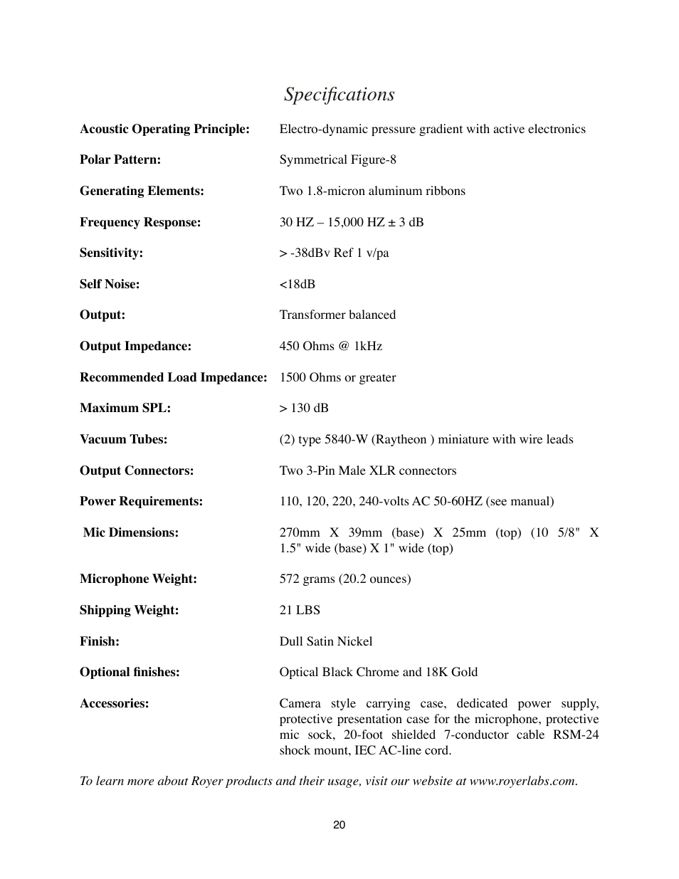 Specifications | Royer Labs SF-24V User Manual | Page 20 / 23