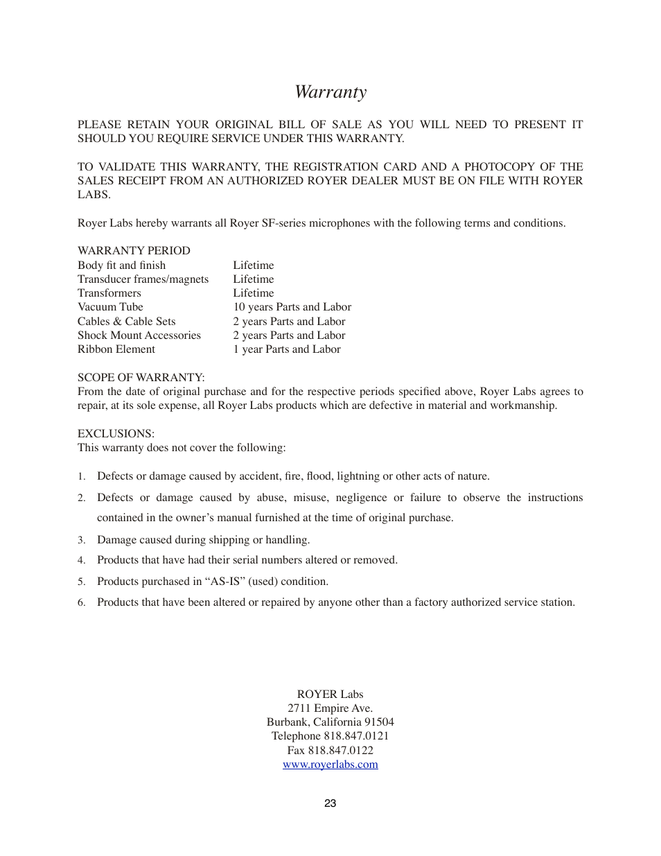 Warranty | Royer Labs SF-24V User Manual | Page 23 / 23