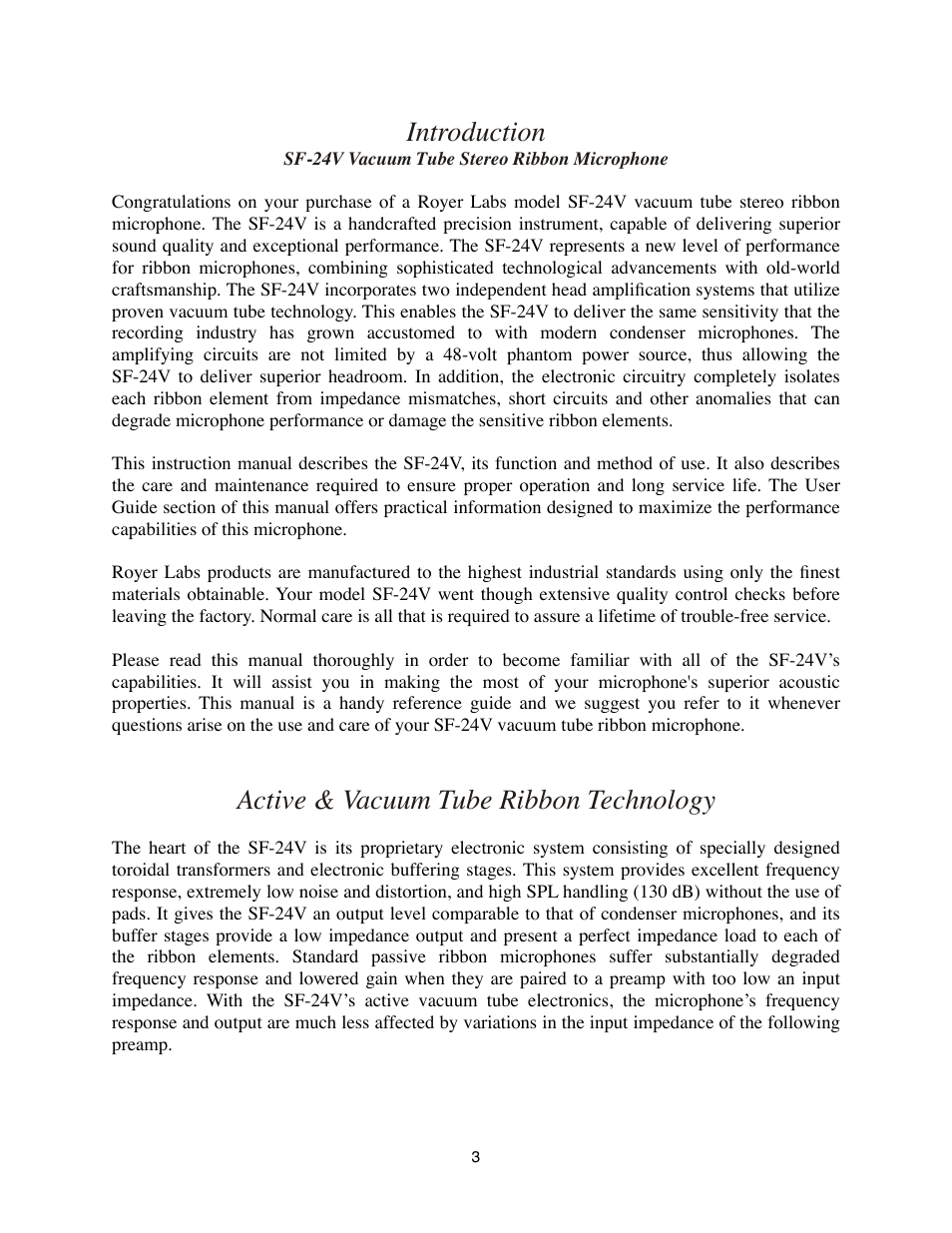 Introduction, Sf-24v vacuum tube stereo ribbon microphone, Active & vacuum tube ribbon technology | Royer Labs SF-24V User Manual | Page 3 / 23