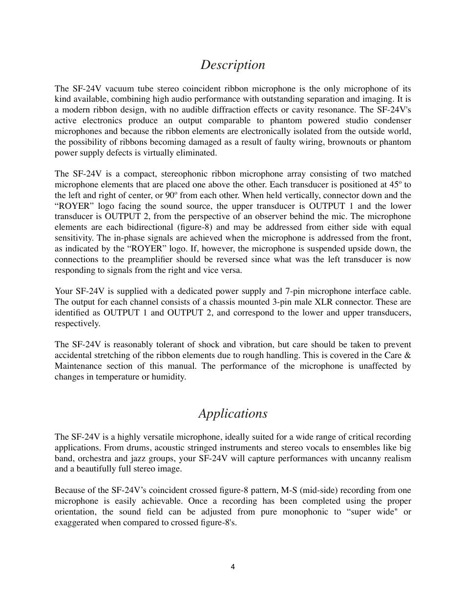 Description, Applications | Royer Labs SF-24V User Manual | Page 4 / 23