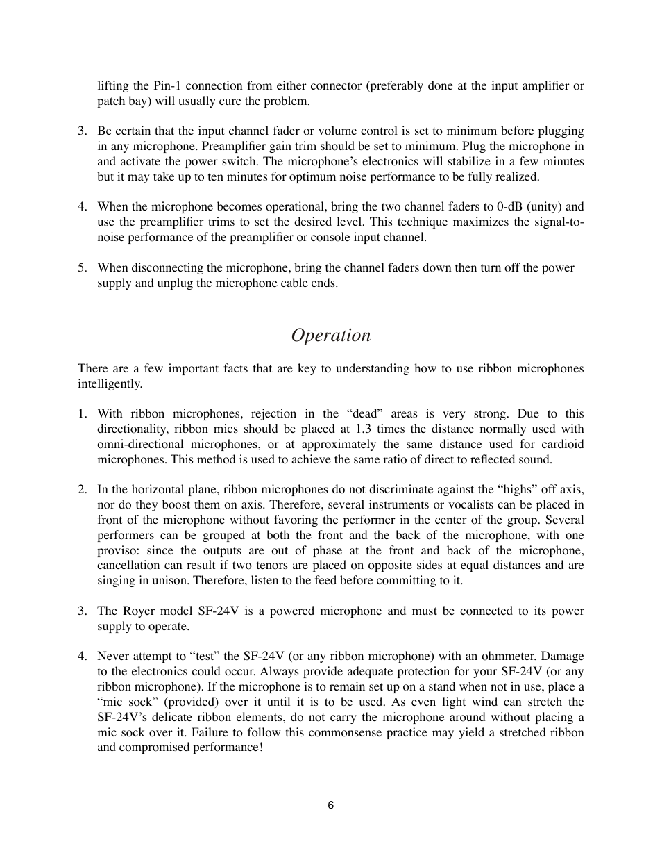 Operation | Royer Labs SF-24V User Manual | Page 6 / 23