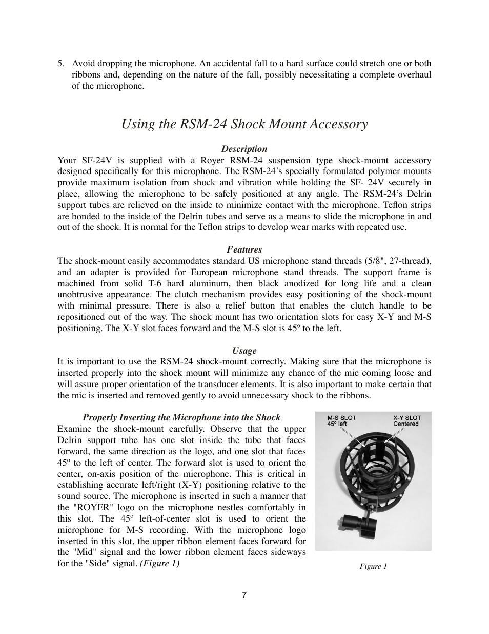 Using the rsm-24 shock mount accessory, Description, Features | Usage, Properly inserting the microphone into the shock | Royer Labs SF-24V User Manual | Page 7 / 23