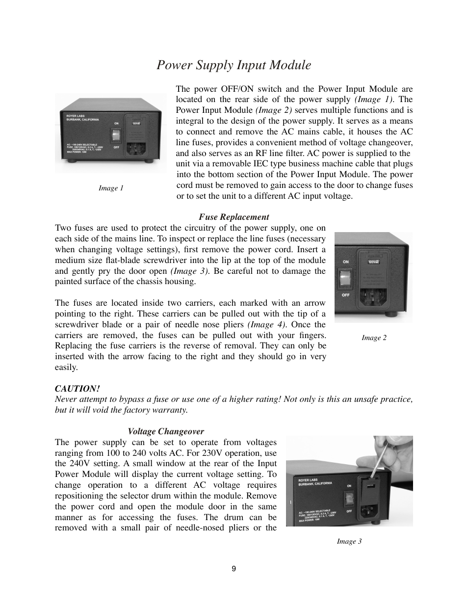 Power supply input module, Fuse replacement, Voltage changeover | Royer Labs SF-24V User Manual | Page 9 / 23