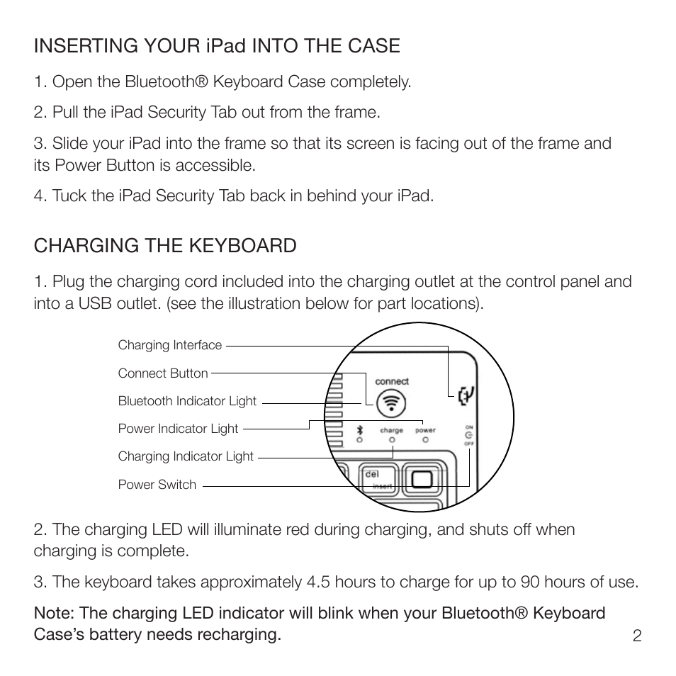 Inserting your ipad into the case, Charging the keyboard | RTA Products 2C-TCK02C User Manual | Page 3 / 10