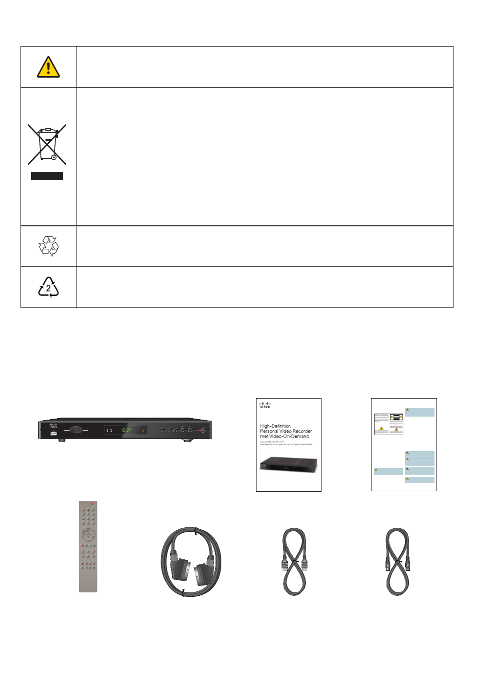 Belangrijke symbolen, Accessoirepakket, Pvr-installatie- handleiding | Cisco 8485DVB User Manual | Page 4 / 44