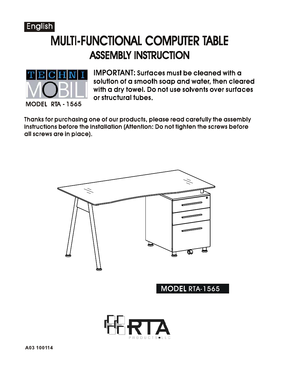 RTA Products RTA-1565 User Manual | 11 pages