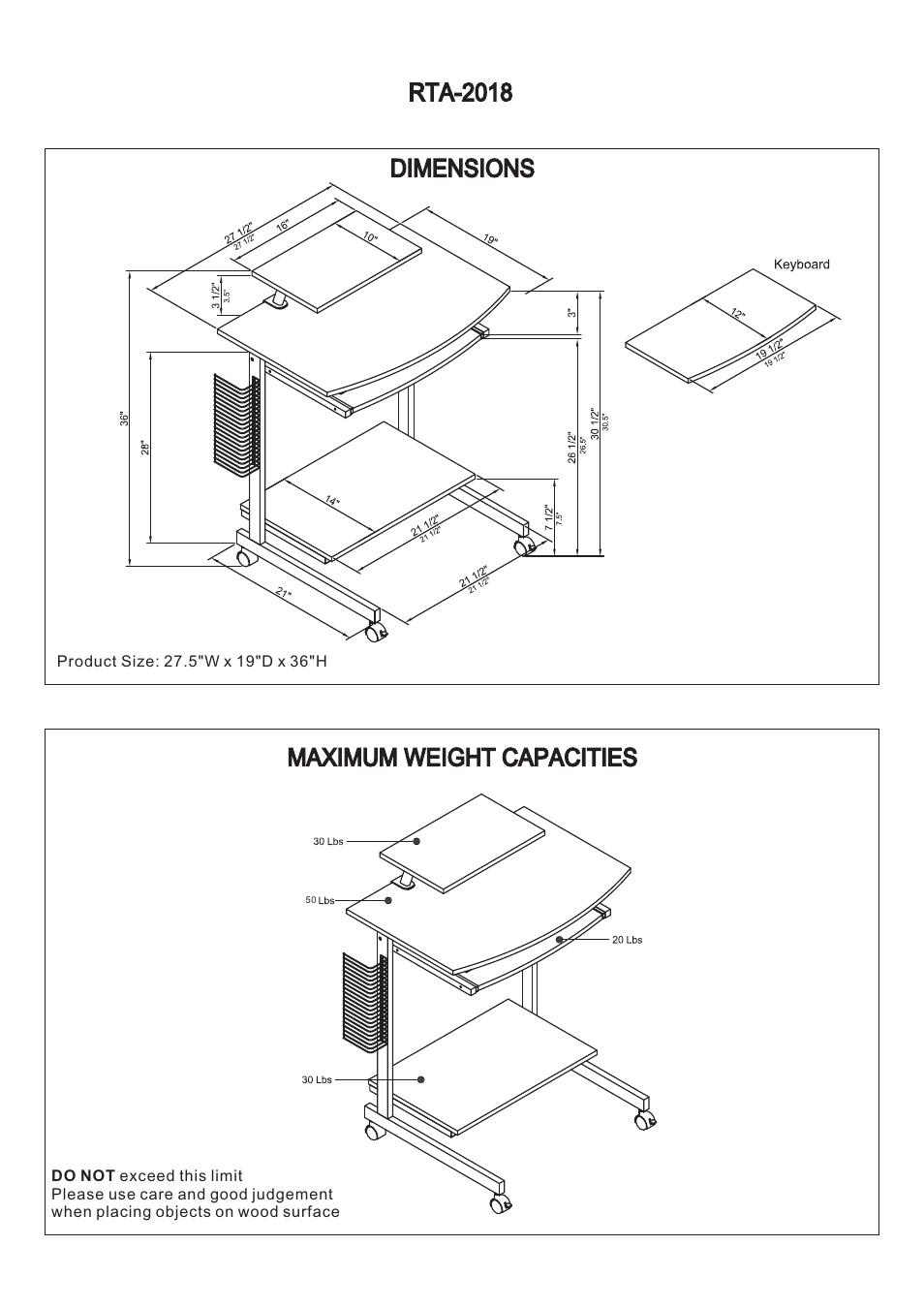 Rta-2018 dimensions maximum weight capacities | RTA Products RTA-2018 User Manual | Page 3 / 13