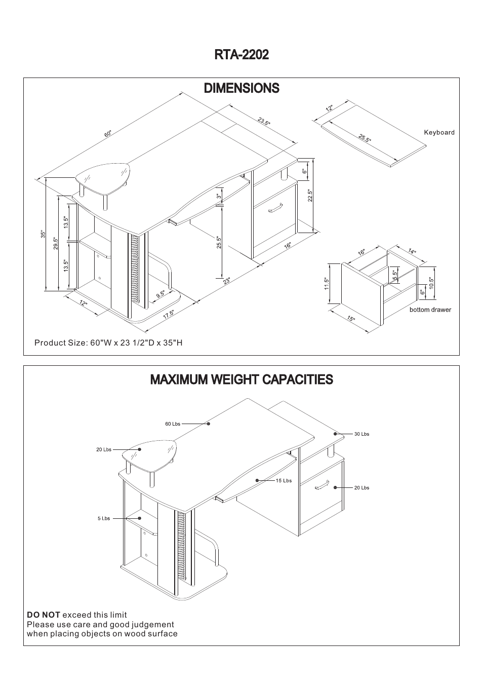 Rta-2202 dimensions maximum weight capacities | RTA Products RTA-2202 User Manual | Page 3 / 22